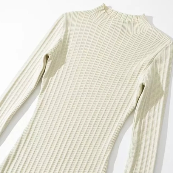 Cream Ribbed Knit High Neck Midi Dress - Picture 6 of 15